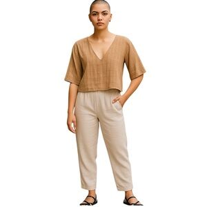 Tonle‎ Top Womens Size M Tan Handwoven Recycled Minimalist Eco Crop Signed New